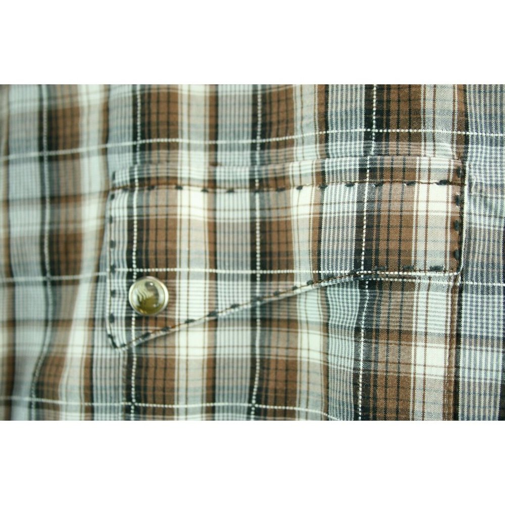 Wrangler Mens Sz XL Shirt Brown Western Plaid Marble Snap Stitch detail - Picture 3 of 10